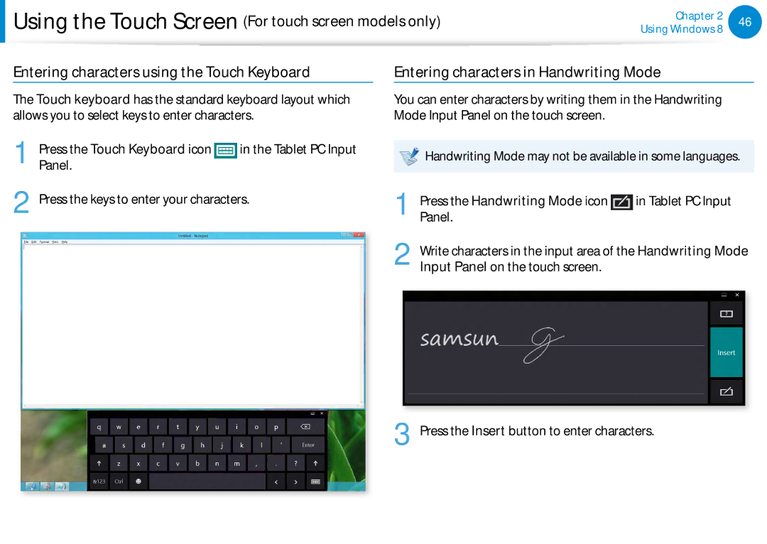 Samsung NP740U3EK02US manual Press the Touch Keyboard icon, Press the Handwriting Mode icon, Tablet PC Input, Panel 