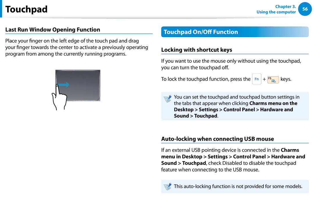 Samsung NP740U3EK02US manual Touchpad On/Off Function, Last Run Window Opening Function, Locking with shortcut keys 