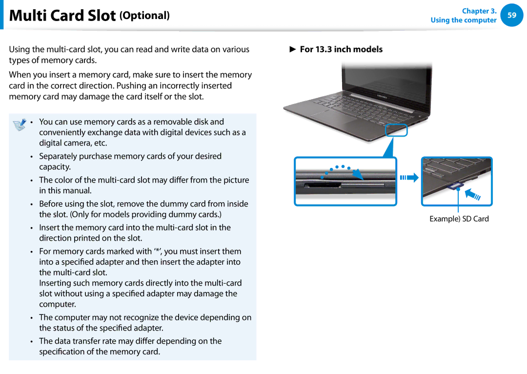 Samsung NP740U3EK01US, NP540U4E-K03US, NP740U3EK02US, NP540U4EK01US manual Multi Card Slot Optional, For 13.3 inch models 