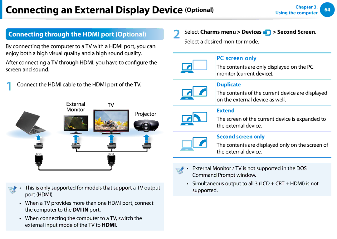 Samsung NP740U3EK01US, NP540U4E-K03US, NP740U3EK02US manual Connecting through the Hdmi port Optional, Monitor Projector 