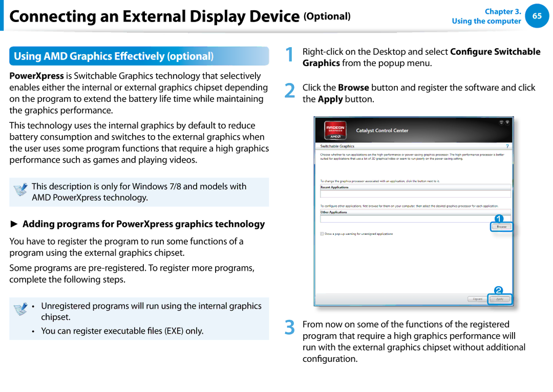 Samsung NP540U4E-K03US manual Using AMD Graphics Effectively optional, Adding programs for PowerXpress graphics technology 