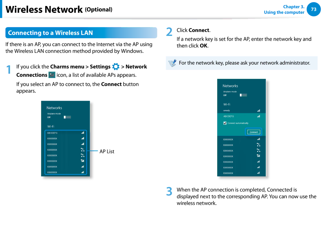 Samsung NP540U4E-K01US, NP740U3EK01US, NP540U4E-K03US Connecting to a Wireless LAN, If you click the Charms menu Settings 