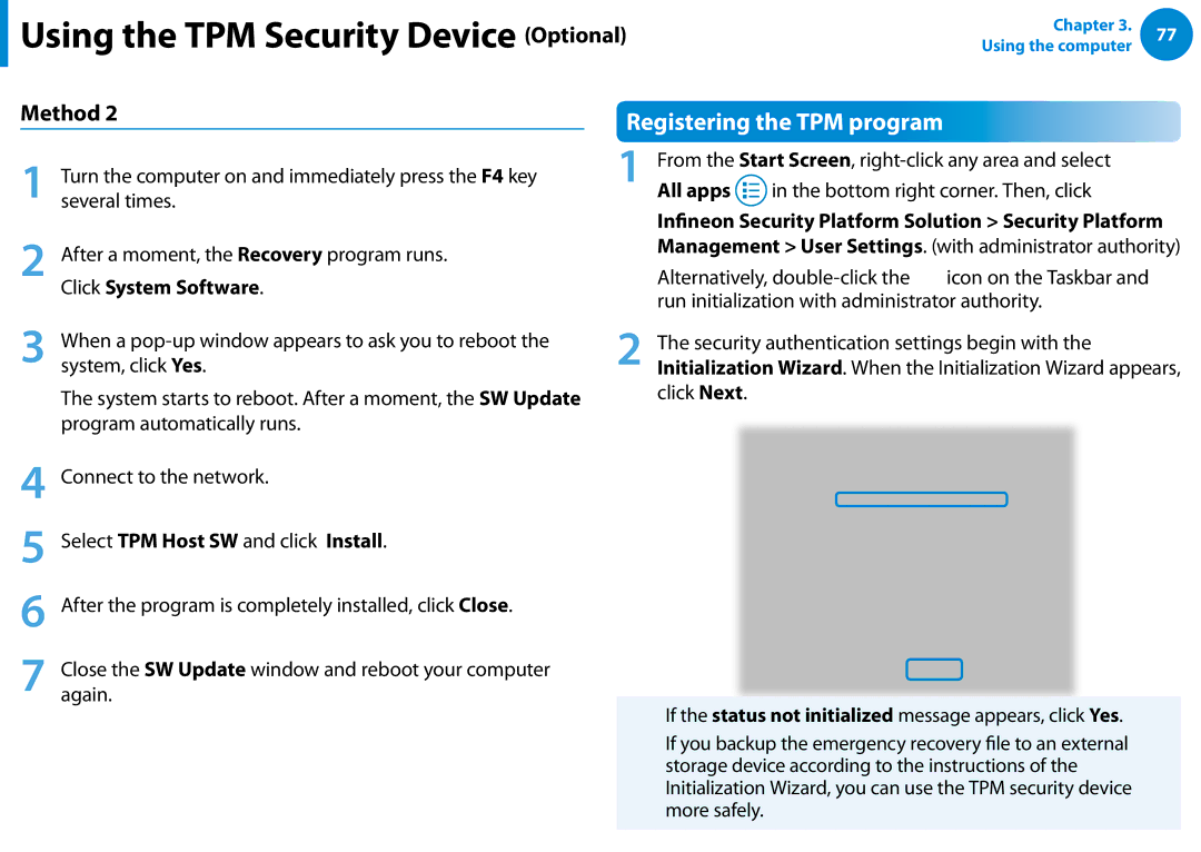 Samsung NP540U4EK01US manual Registering the TPM program, Click System Software, Select TPM Host SW and click Install 