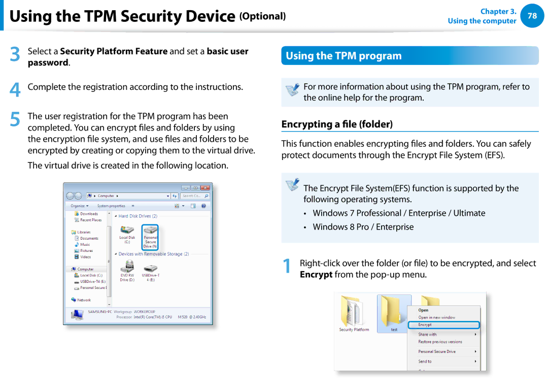 Samsung NP540U4E-K01US, NP740U3EK01US, NP540U4E-K03US, NP740U3EK02US manual Using the TPM program, Encrypting a file folder 