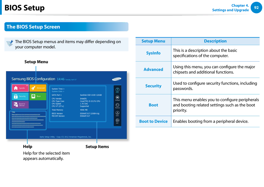 Samsung NP540U4EK01US, NP740U3EK01US, NP540U4E-K03US, NP740U3EK02US manual Bios Setup Screen, Setup Menu Description 