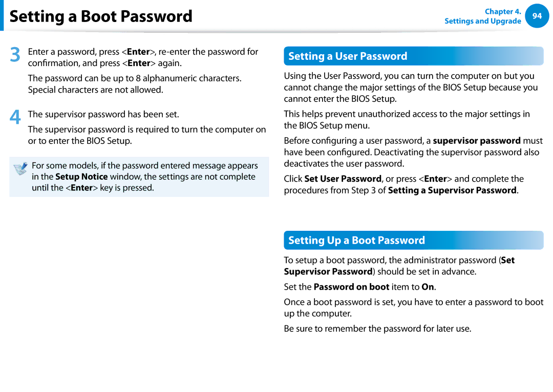 Samsung NP740U3EK01US manual Setting a User Password, Setting Up a Boot Password, Set the Password on boot item to On 