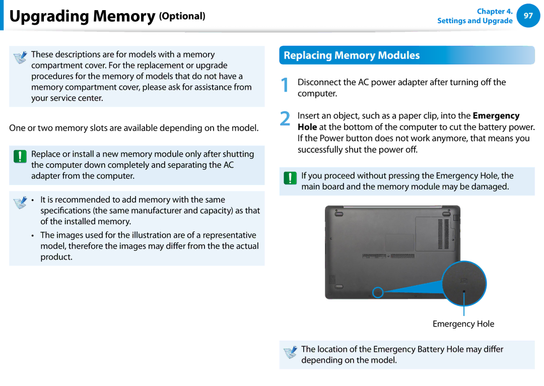 Samsung NP540U4EK01US, NP740U3EK01US, NP540U4E-K03US, NP740U3EK02US manual Upgrading Memory Optional, Replacing Memory Modules 