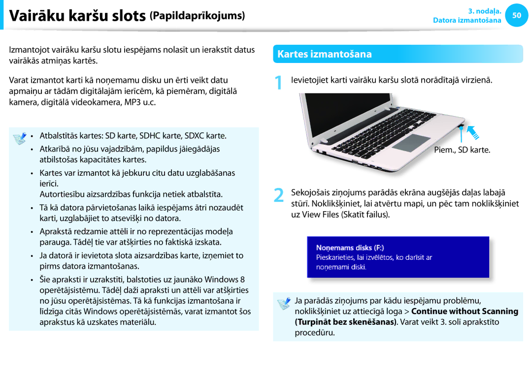 Samsung NP550P7C-S01EE, NP870Z5E-X02EE, NP300E5C-S03EE manual Vairāku karšu slots Papildaprīkojums, Kartes izmantošana 