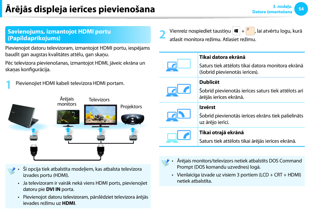 Samsung NP300E5C-S02EE Savienojums, izmantojot Hdmi portu, Papildaprīkojums, Ārējās ierīces ekrānā Ārējais Televizors 