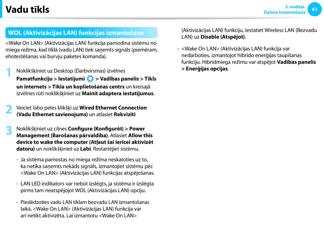 Samsung NP550P5C-T02EE manual WOL Aktivizācijas LAN funkcijas izmantošana, Noklikšķiniet uz Desktop Darbvirsmas izvēlnes 