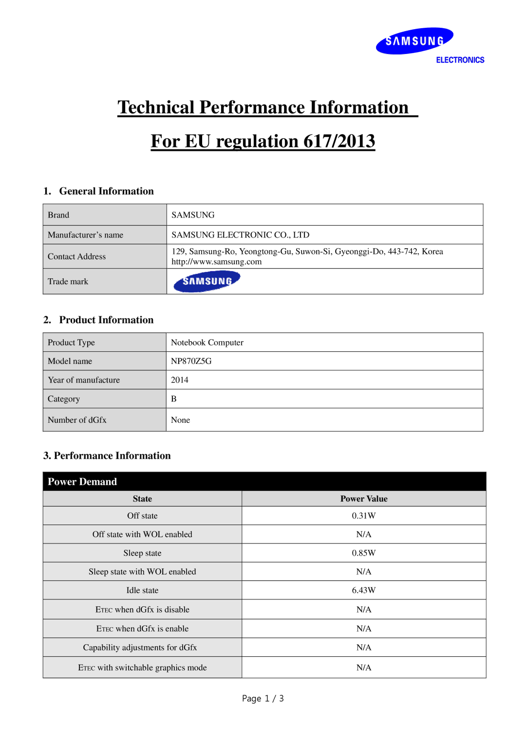 Samsung NP870Z5G-X02AT manual General Information, Product Information, Performance Information, Power Demand 