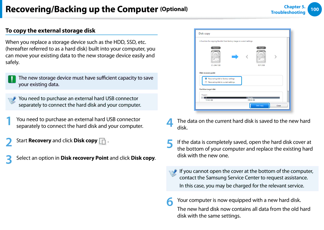 Samsung NP900X3CA04US, NP900X3D To copy the external storage disk, You need to purchase an external hard USB connector 