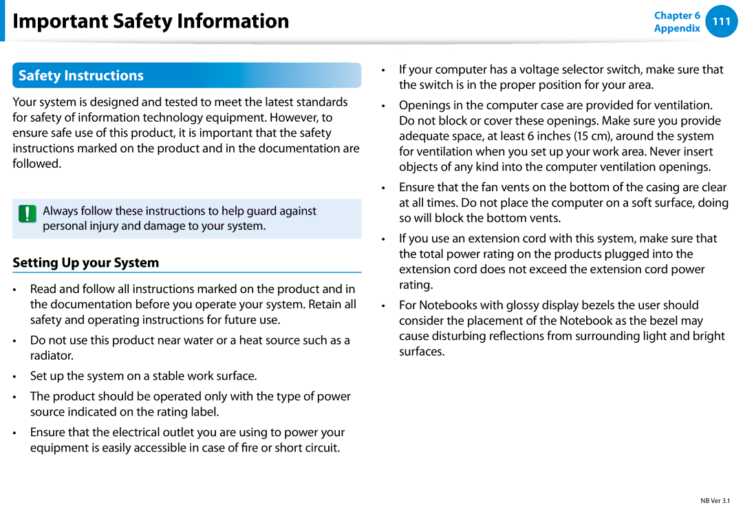 Samsung NP355V5C, NP900X3C, NP900X3D, NP900X4D Important Safety Information, Safety Instructions, Setting Up your System 