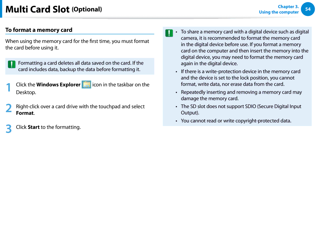 Samsung NP900X3D manual To format a memory card, Click the Windows Explorer, Desktop, Format, Click Start to the formatting 