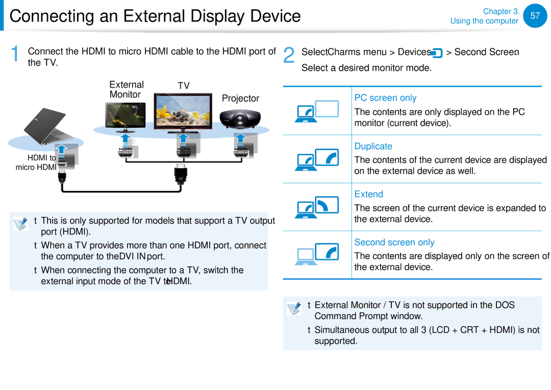 Samsung NP355V5C, NP900X3D, NP900X3CA04US manual Hdmi to micro Hdmi cable to the Hdmi port, External TV Monitor Projector 