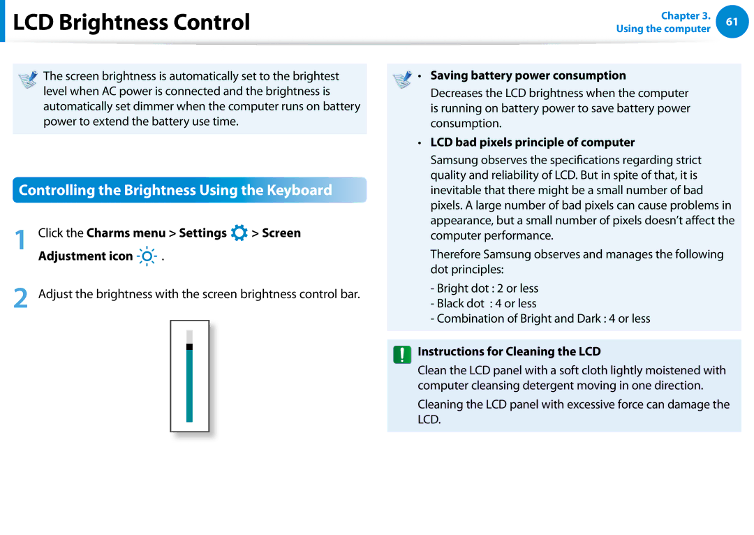 Samsung NP900X3DA03US, NP900X3CA04US, NP355V5C LCD Brightness Control, Controlling the Brightness Using the Keyboard 