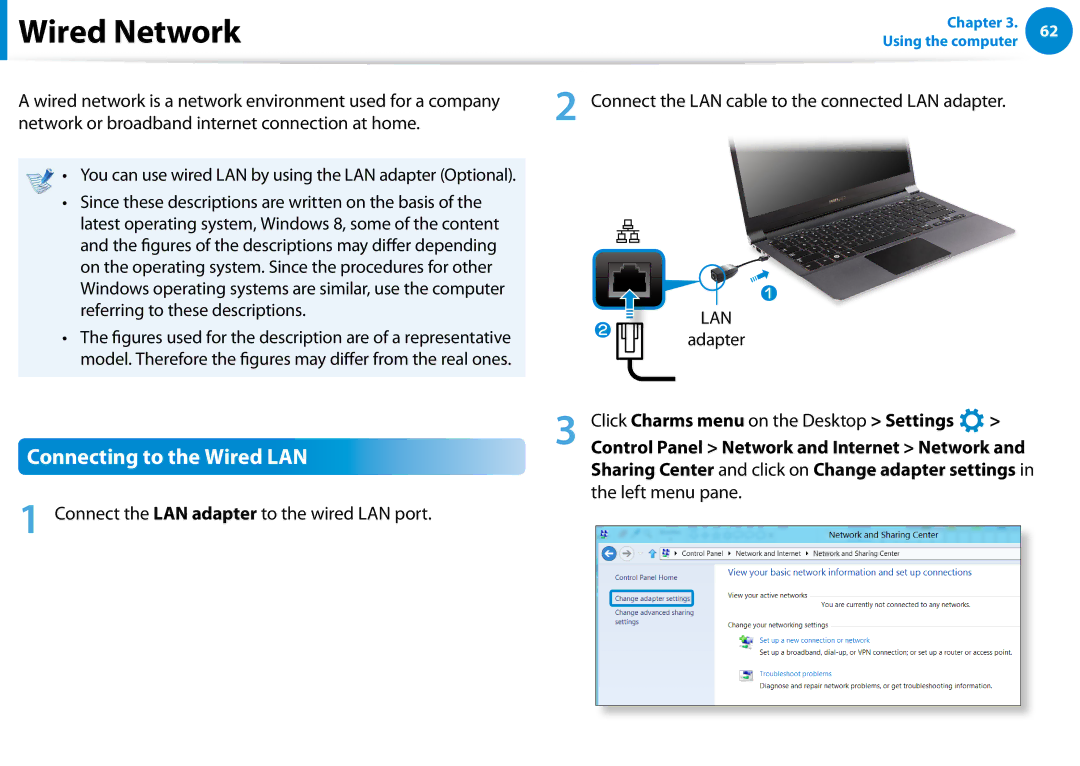 Samsung NP900X3C Wired Network, Connecting to the Wired LAN, Left menu pane, Connect the LAN adapter to the wired LAN port 