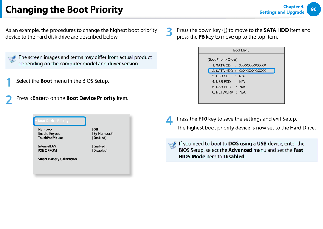 Samsung NP900X3D, NP900X3CA04US, NP355V5C Changing the Boot Priority, Depending on the computer model and driver version 