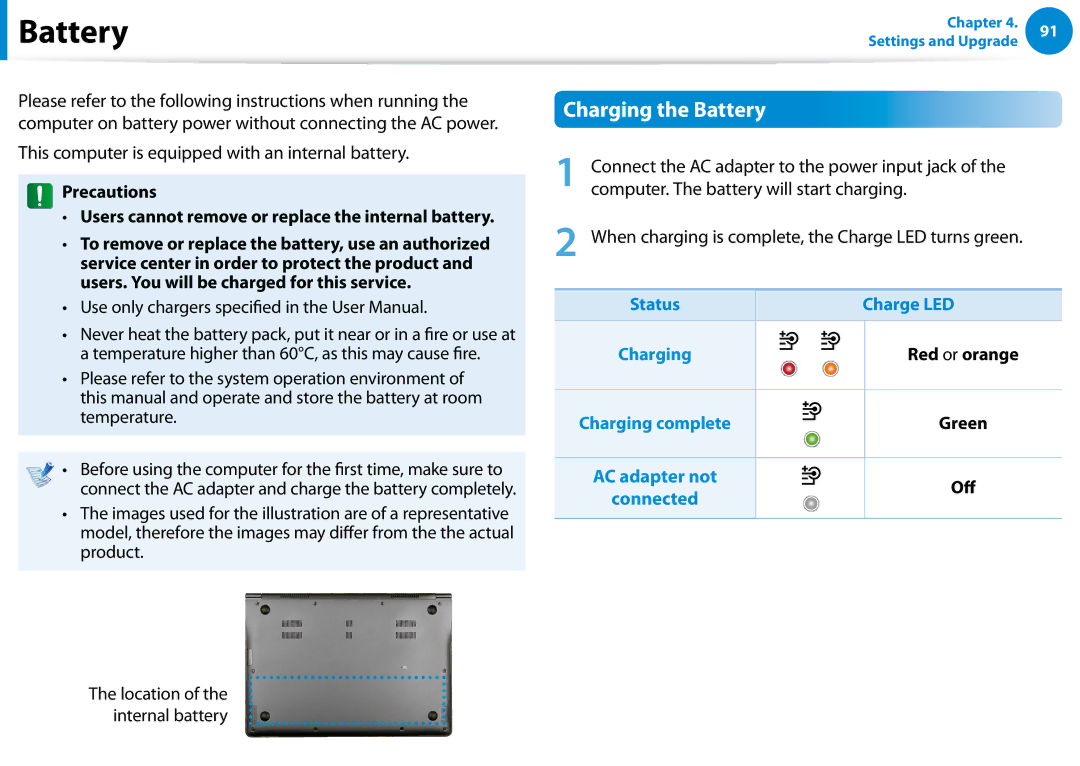 Samsung NP900X3CA04US, NP900X3D, NP355V5CS01US manual Battery, This computer is equipped with an internal battery, Charge LED 