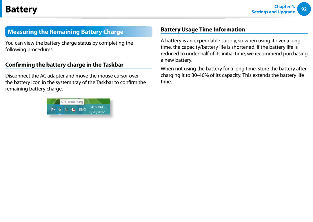 Samsung NP355V5CS01US, NP900X3C manual Measuring the Remaining Battery Charge, Confirming the battery charge in the Taskbar 