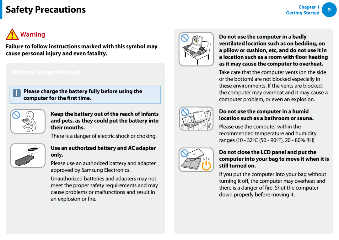 Samsung NP900X3E-K01US, NP900X3D-A02US, NP900X3CA02US Battery Usage Related, There is a danger of electric shock or choking 