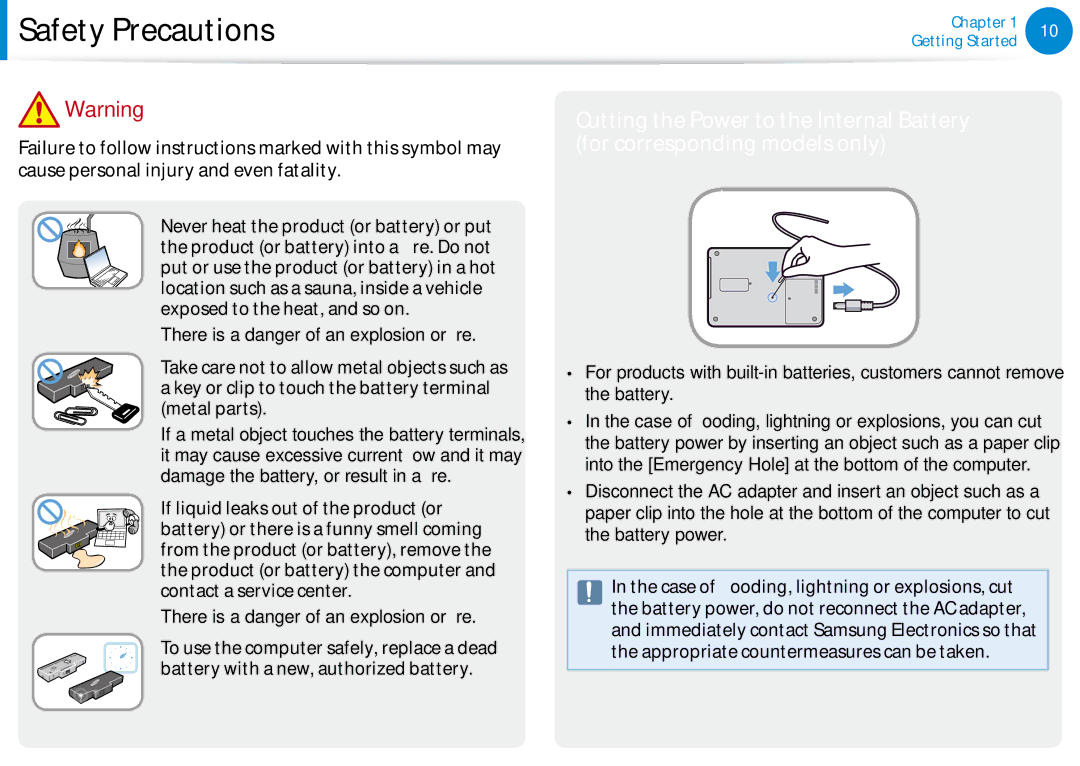 Samsung NP900X3FK01US, NP900X3D-A02US, NP900X3CA02US, NP900X3C-A05US, NP900X3BA01US There is a danger of an explosion or fire 