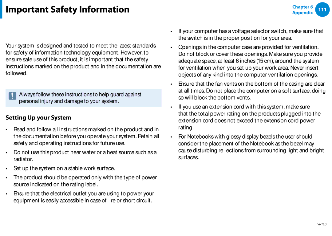 Samsung NP900X4D-A05US, NP900X3D-A02US manual Important Safety Information, Safety Instructions, Setting Up your System 