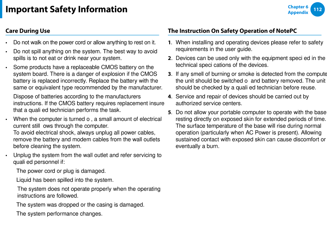 Samsung NP900X4C-A06US, NP900X3D-A02US, NP900X3CA02US manual Care During Use, Instruction On Safety Operation of NotePC 