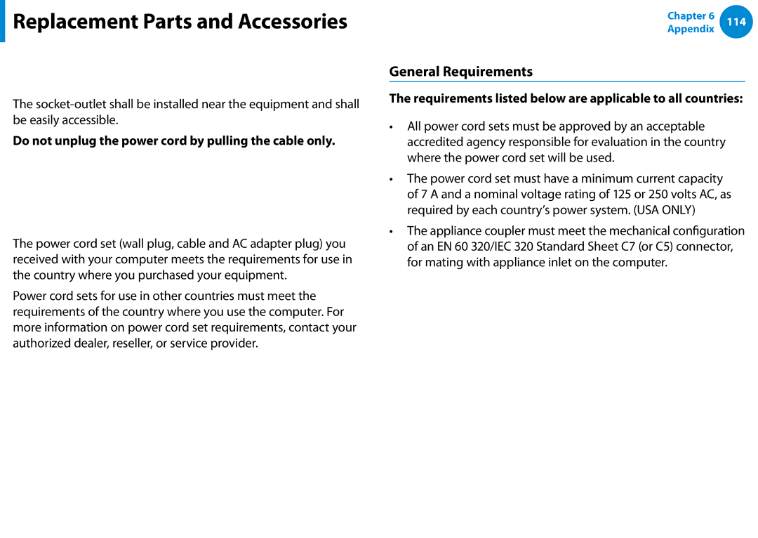 Samsung NP900X3E-K01US, NP900X3CA02US Connect and Disconnect the AC adapter, Power Cord Requirements, General Requirements 