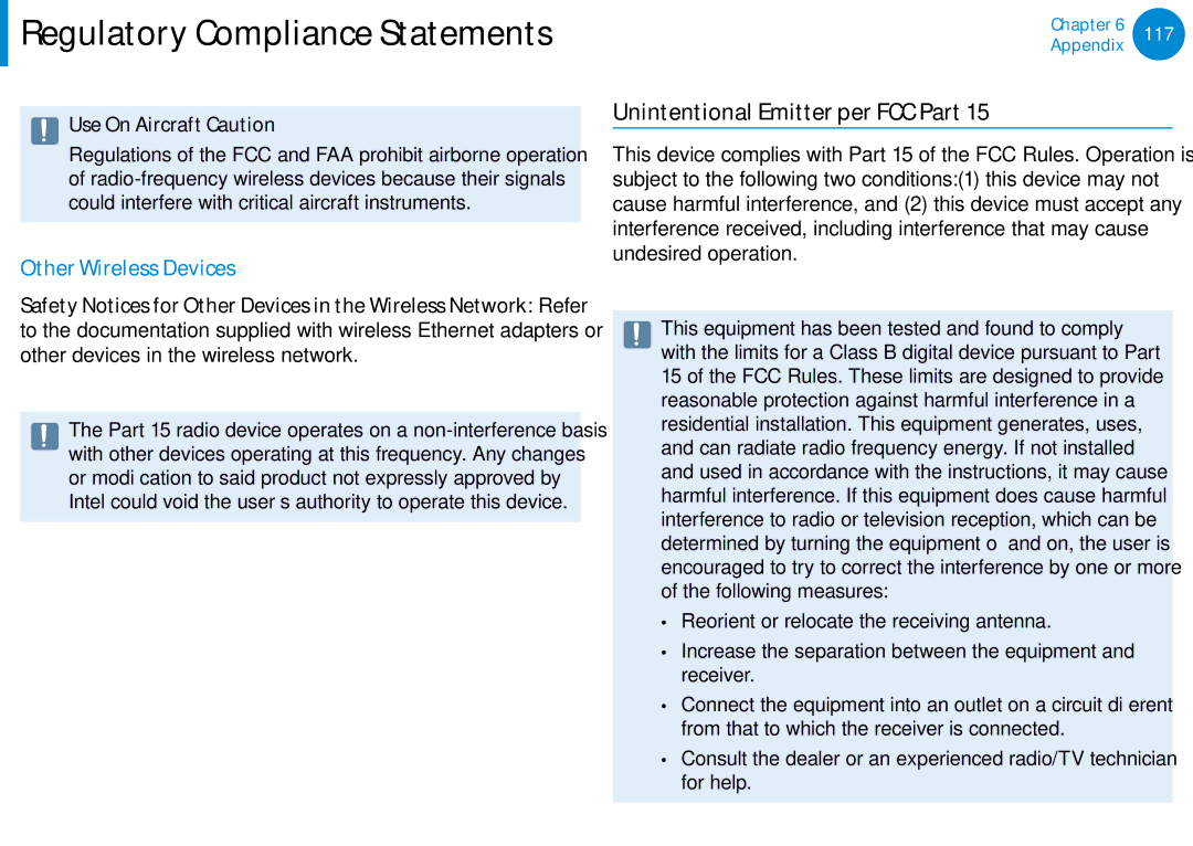 Samsung NP900X3E-A02US, NP900X3D-A02US, NP900X3CA02US manual Unintentional Emitter per FCC Part, Use On Aircraft Caution 