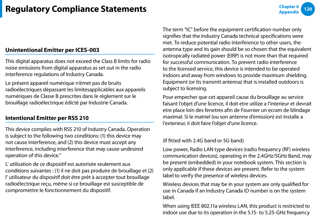Samsung NP900X3CA02US, NP900X3D-A02US manual Canada, Unintentional Emitter per ICES-003, Intentional Emitter per RSS 