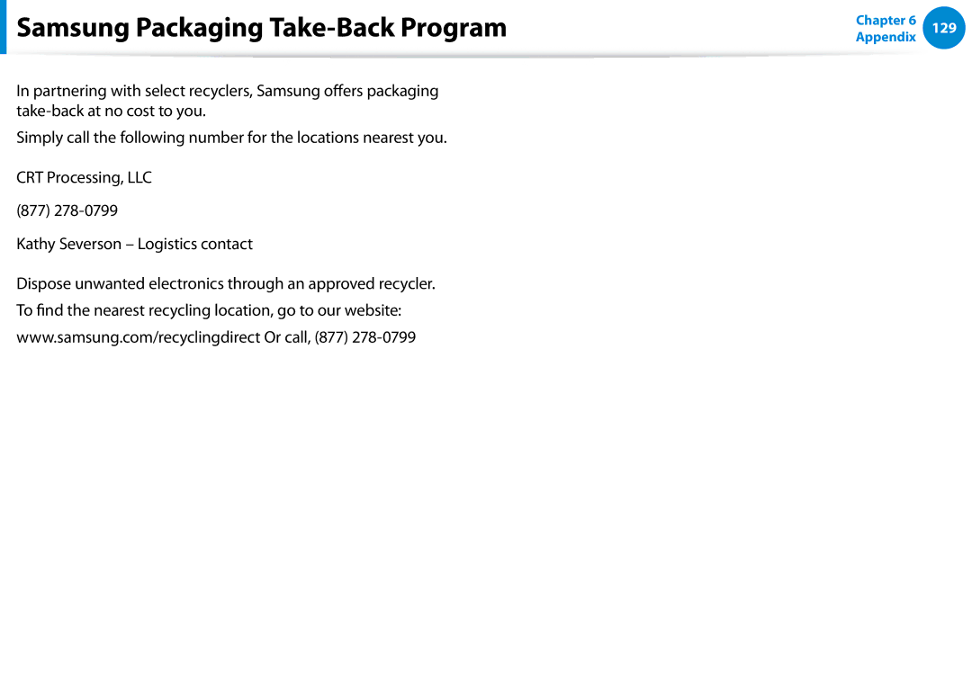 Samsung NP900X3E-K01US, NP900X3D-A02US, NP900X3CA02US, NP900X3C-A05US, NP900X3BA01US manual Samsung Packaging Take-Back Program 