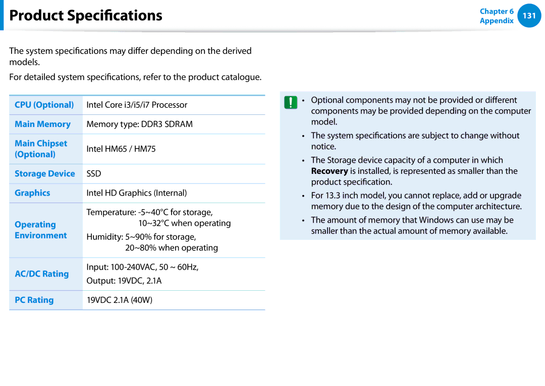 Samsung NP900X3EK01US, NP900X3D-A02US, NP900X3CA02US, NP900X3C-A05US, NP900X3BA01US, NP900X4DA07US manual Product Specifications 