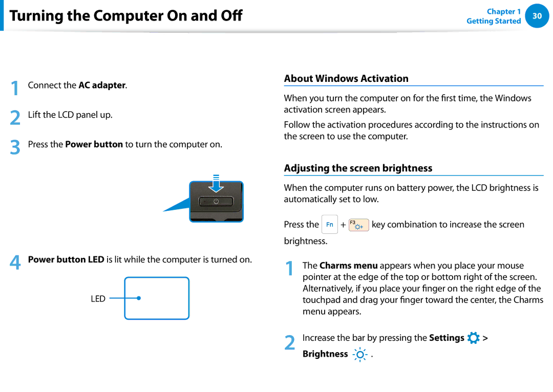 Samsung NP900X3CA02US manual Turning the Computer On and Off, Turning the computer on, About Windows Activation, Brightness 