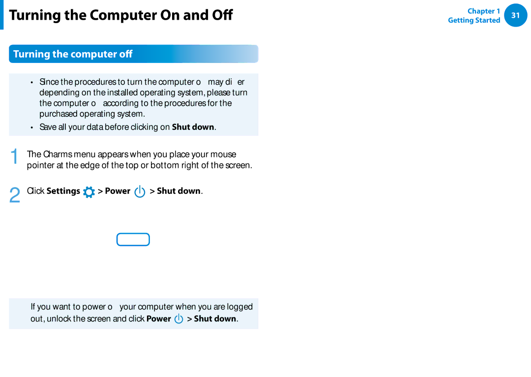 Samsung NP900X3C-A05US, NP900X3CA02US Turning the computer off, Purchased operating system, Click Settings Power Shut down 