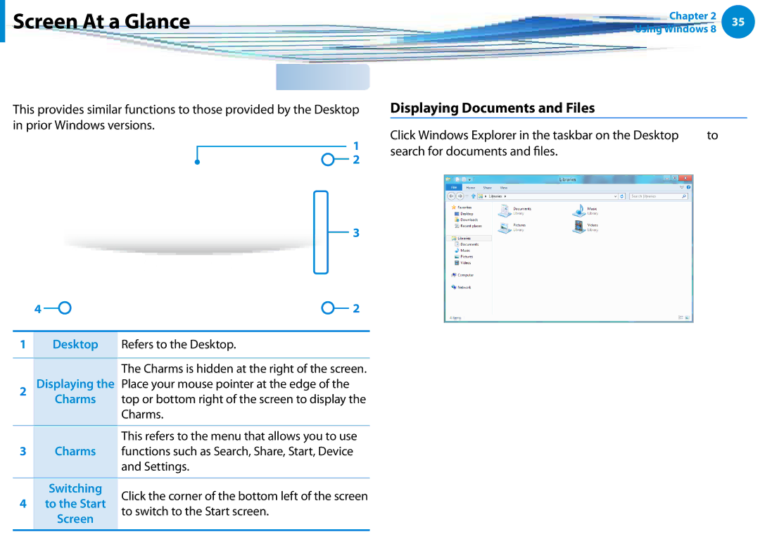 Samsung NP900X4C-K01US, NP900X3D-A02US manual Desktop, Displaying Documents and Files, To switch to the Start screen 