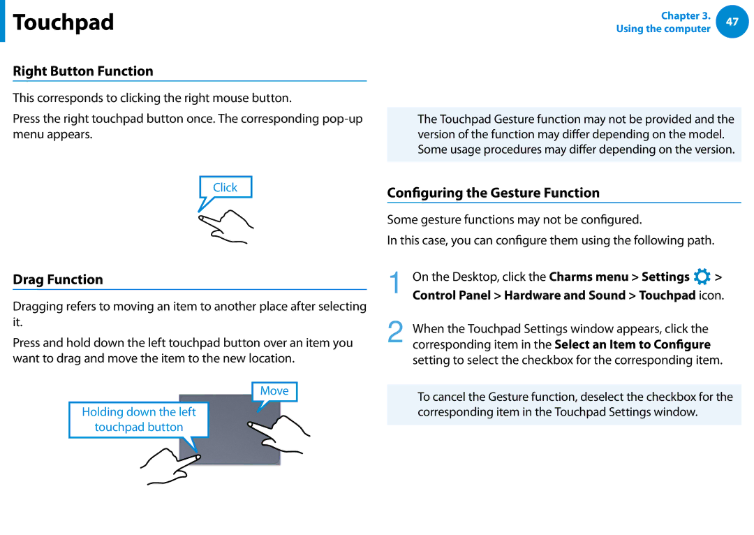Samsung NP900X3BA01US, NP900X3D-A02US, NP900X3CA02US Right Button Function, Drag Function, Configuring the Gesture Function 