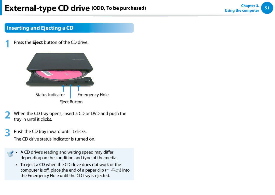 Samsung NP900X4D-A05US, NP900X3D-A02US manual Inserting and Ejecting a CD, Computer is off, place the end of a paper clip 