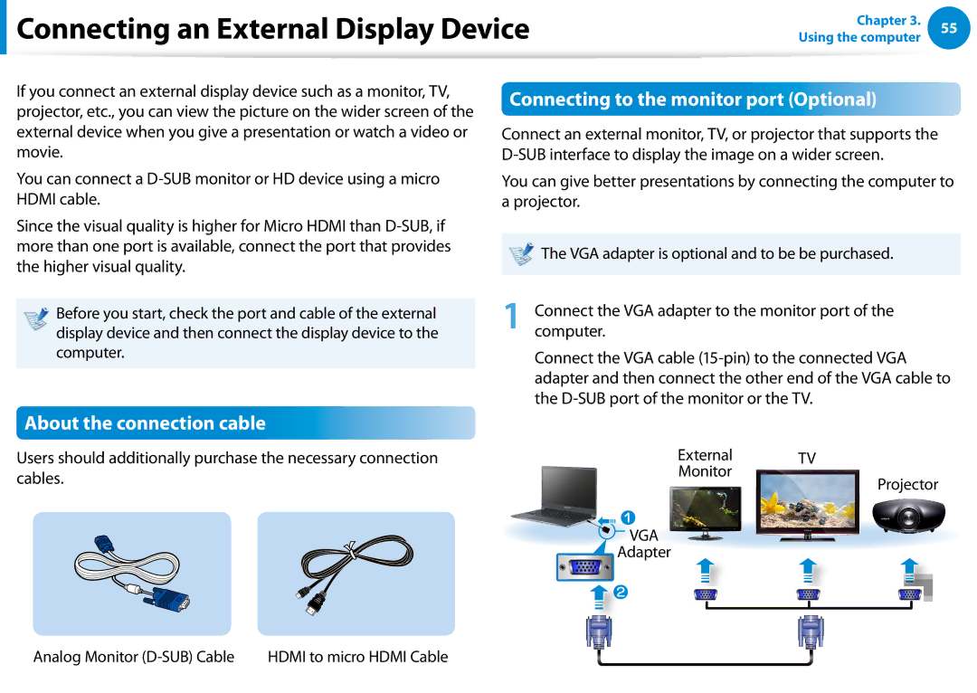 Samsung NP900X3FK01US, NP900X3D-A02US manual Connecting an External Display Device, Connecting to the monitor port Optional 