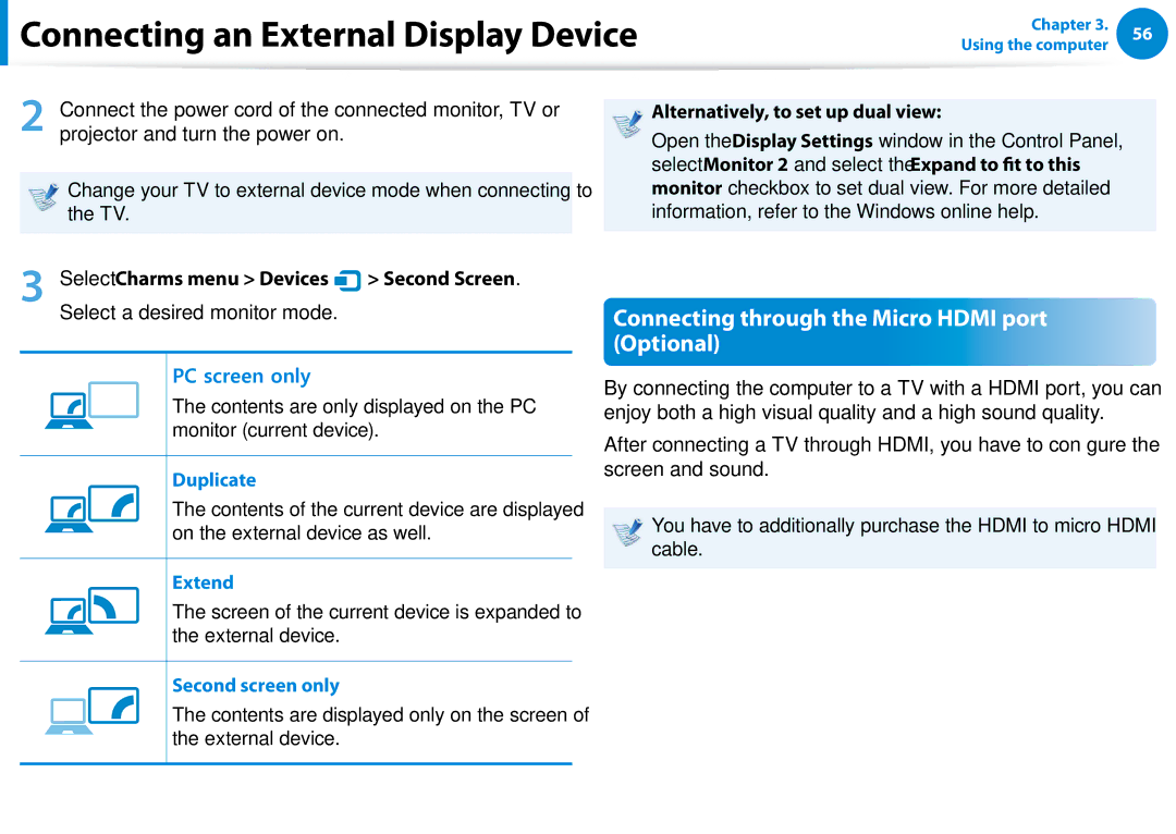 Samsung NP900X3EK01US manual Connecting through the Micro Hdmi port Optional, Alternatively, to set up dual view, Duplicate 