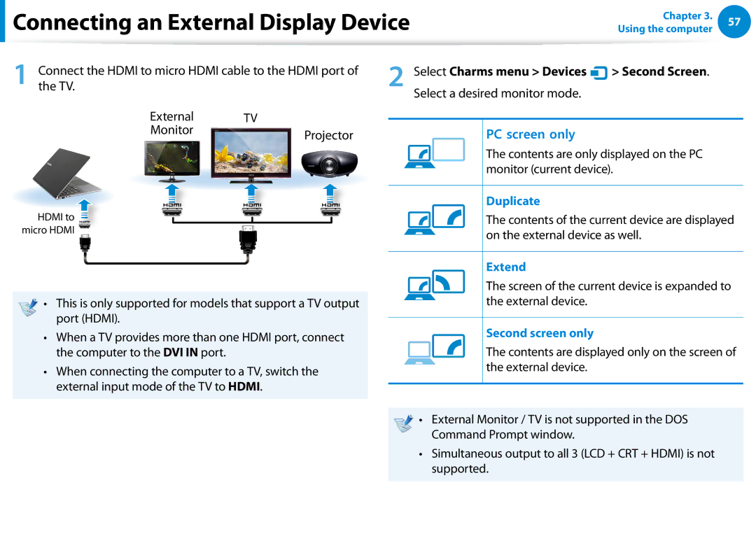 Samsung NP900X3E-A02US, NP900X3D-A02US manual Hdmi to micro Hdmi cable to the Hdmi port, External TV Monitor Projector 