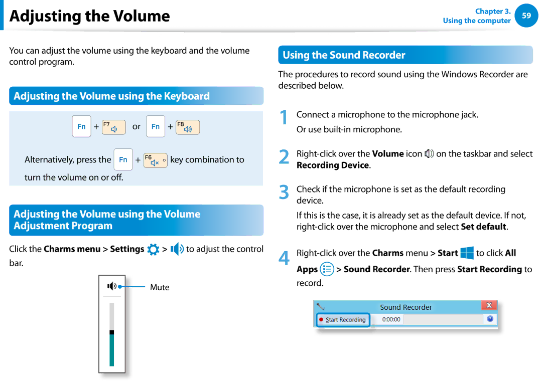 Samsung NP900X3D-A02US, NP900X3CA02US, NP900X3C-A05US Adjusting the Volume using the Keyboard, Using the Sound Recorder 