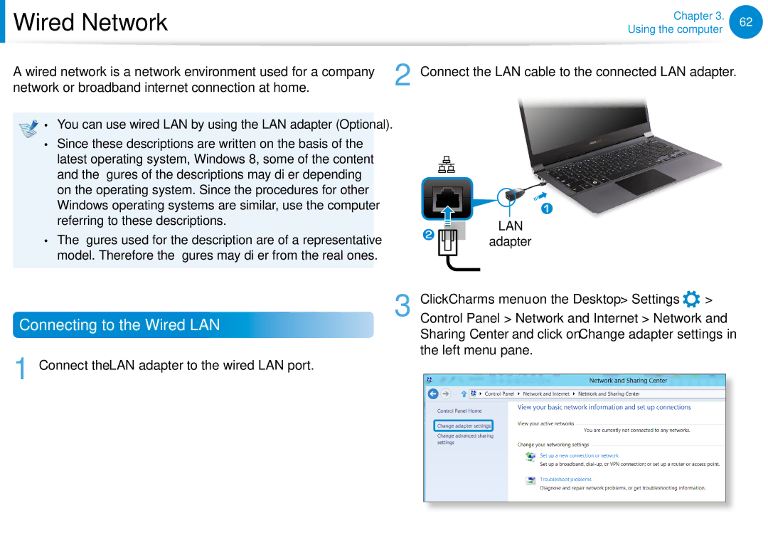 Samsung NP900X3BA01US, NP900X3D-A02US, NP900X3CA02US manual Wired Network, Connecting to the Wired LAN, Left menu pane 