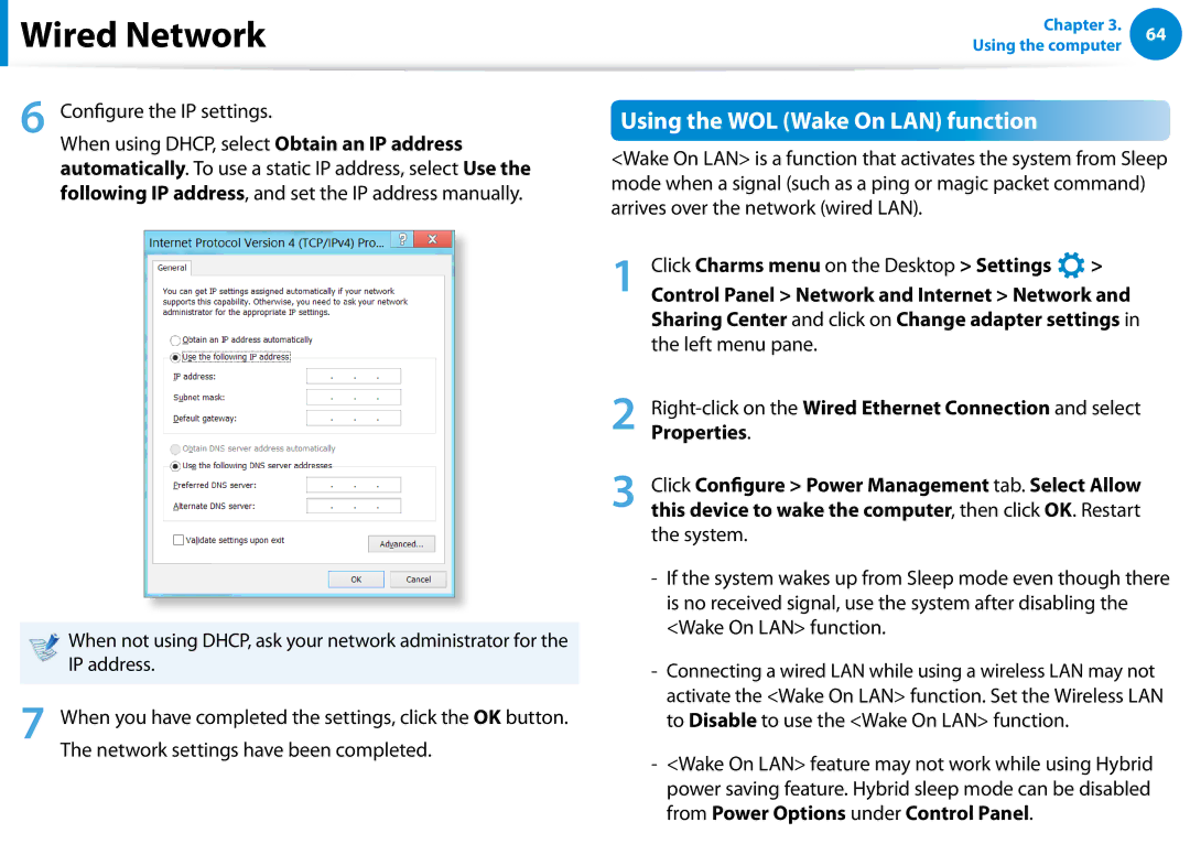 Samsung NP900X4CA01US, NP900X3D-A02US manual Using the WOL Wake On LAN function, Configure the IP settings, IP address 