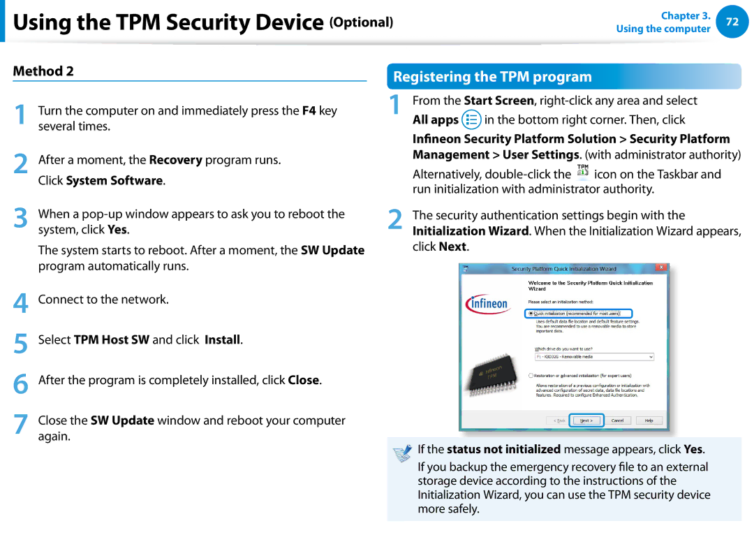 Samsung NP900X3E-A02US Registering the TPM program, All apps, Click System Software, Select TPM Host SW and click Install 