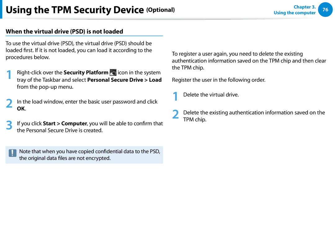 Samsung NP900X3C-A05US manual When the virtual drive PSD is not loaded, Right-click over the Security Platform, TPM chip 