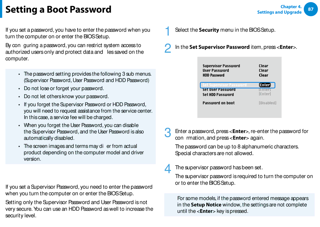 Samsung NP900X3E-A02US, NP900X3D-A02US, NP900X3CA02US, NP900X3C-A05US Setting a Boot Password, Setting a Supervisor Password 