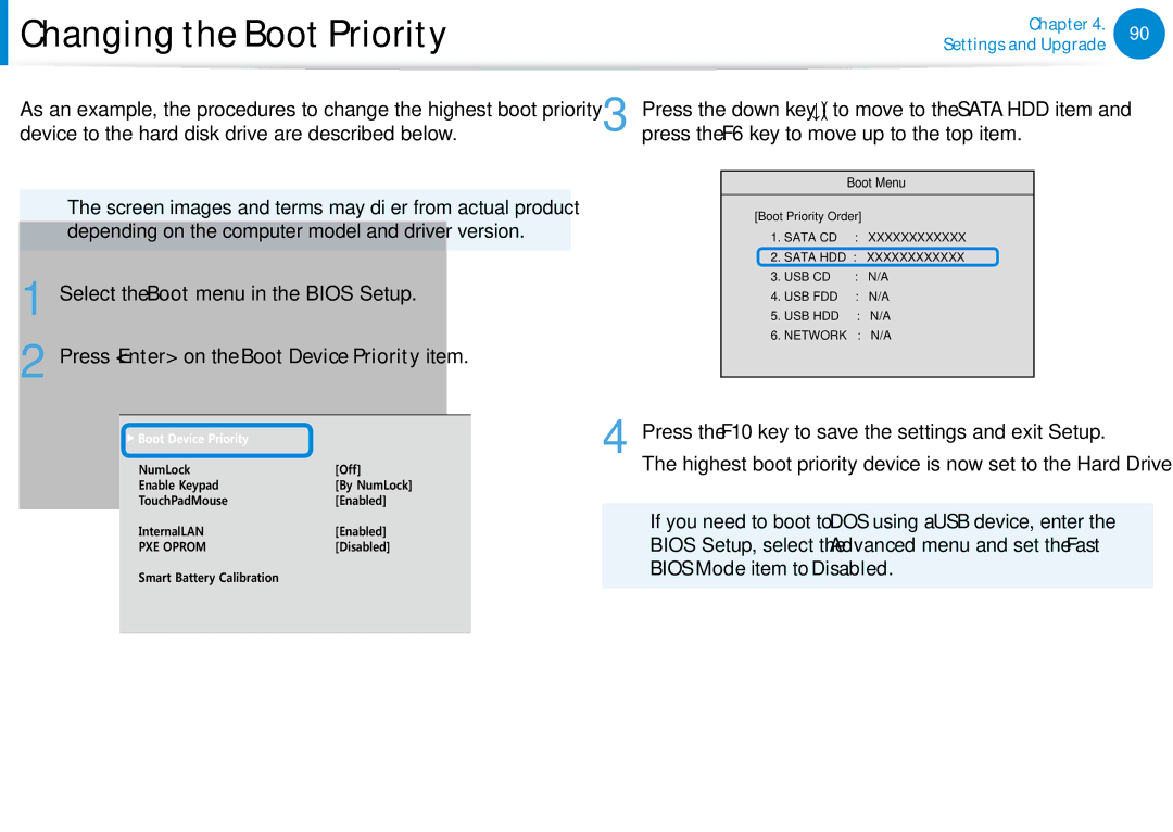 Samsung NP900X3CA02US, NP900X3D-A02US manual Changing the Boot Priority, Depending on the computer model and driver version 