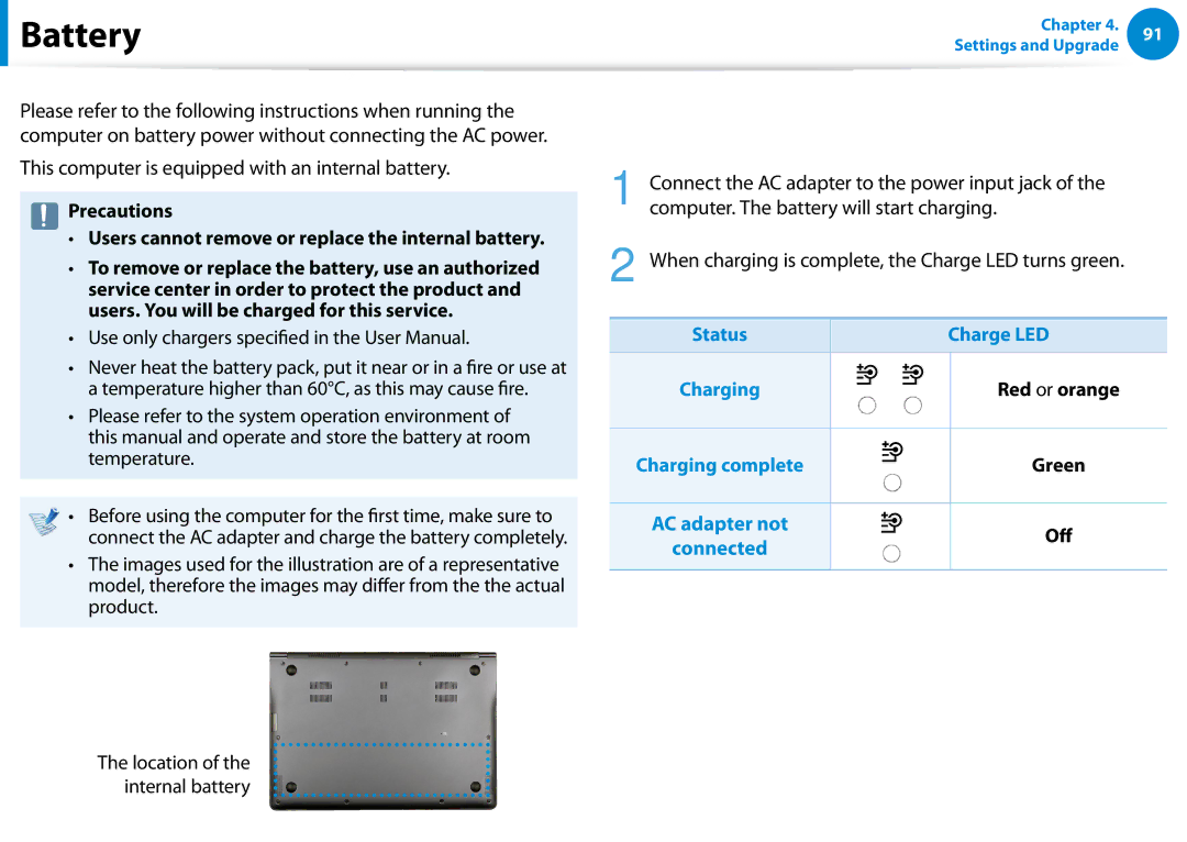 Samsung NP900X3C-A05US, NP900X3D-A02US manual Battery, This computer is equipped with an internal battery, Charge LED 