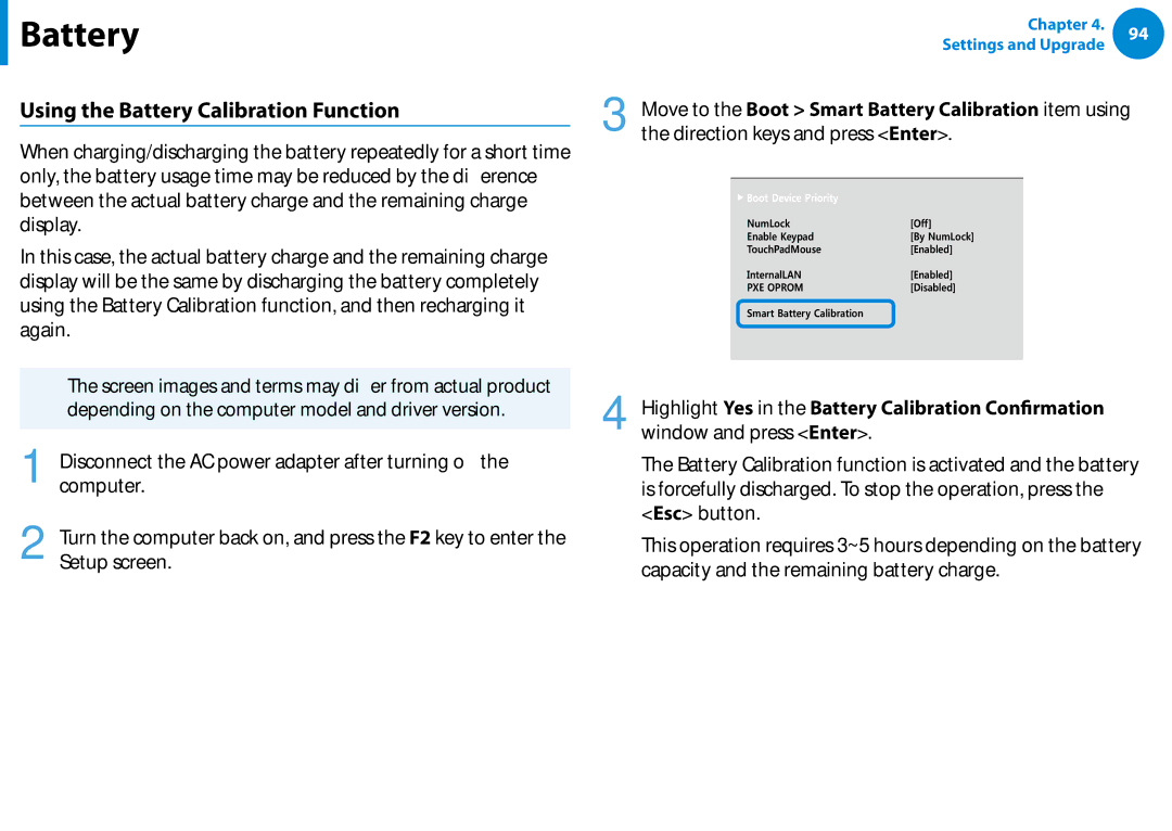 Samsung NP900X4CA01US, NP900X3D-A02US, NP900X3CA02US, NP900X3C-A05US Using the Battery Calibration Function, Setup screen 